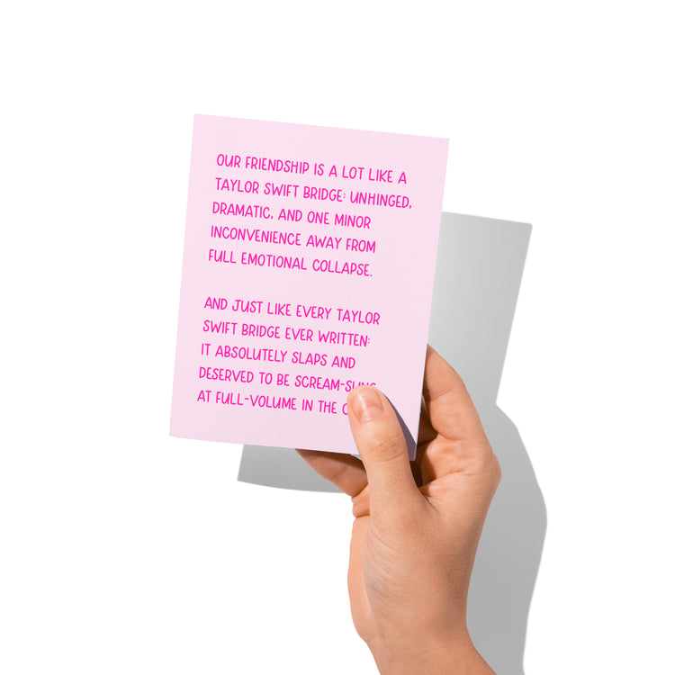 Funny friendship card held in hand, TS friendship humor design.