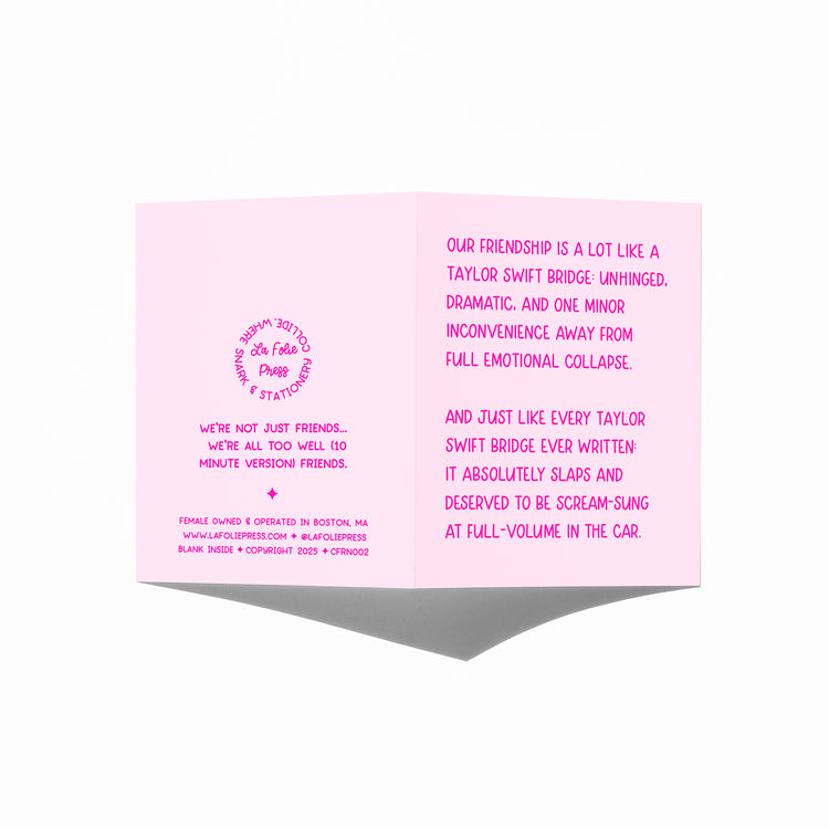Funny friendship card showing front and back with extra punchline.