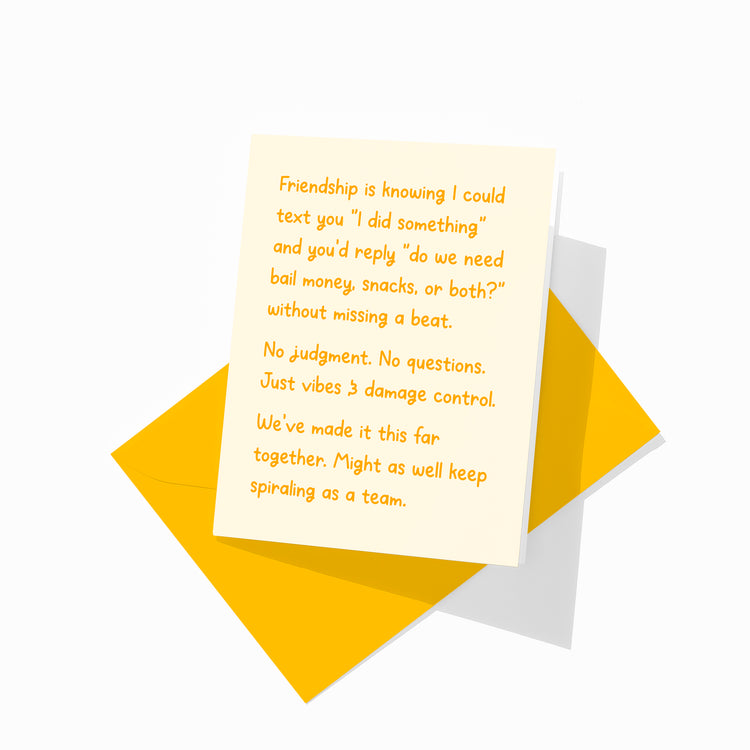 Funny friendship greeting card with colorful envelope, bail money and snacks design.