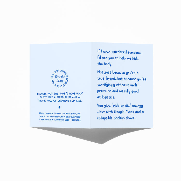 Funny friendship card showing front and back with extra punchline.