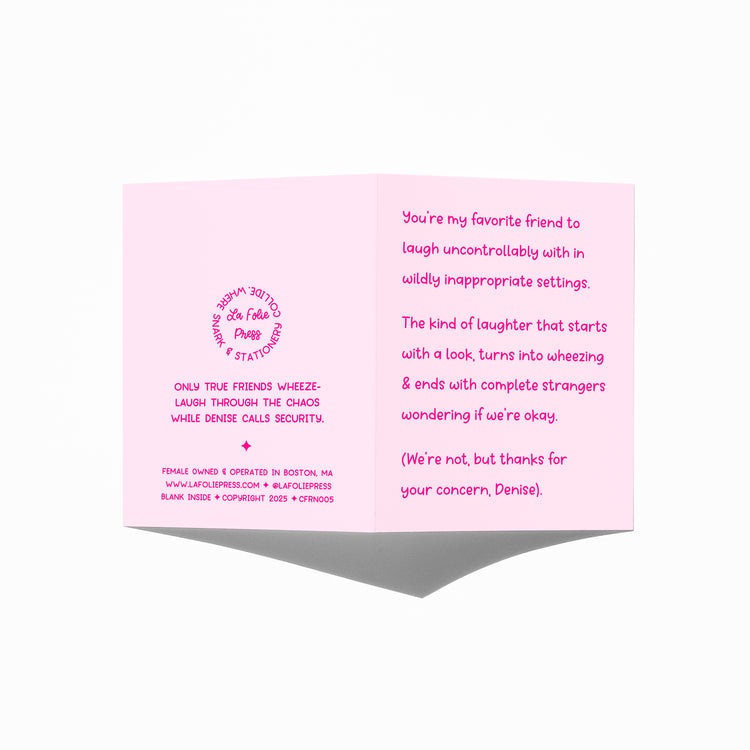 Funny friendship card showing front and back with extra punchline.