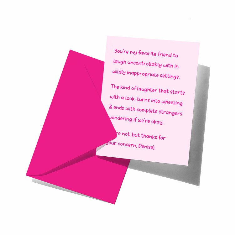 Greeting card with pink text on a white background