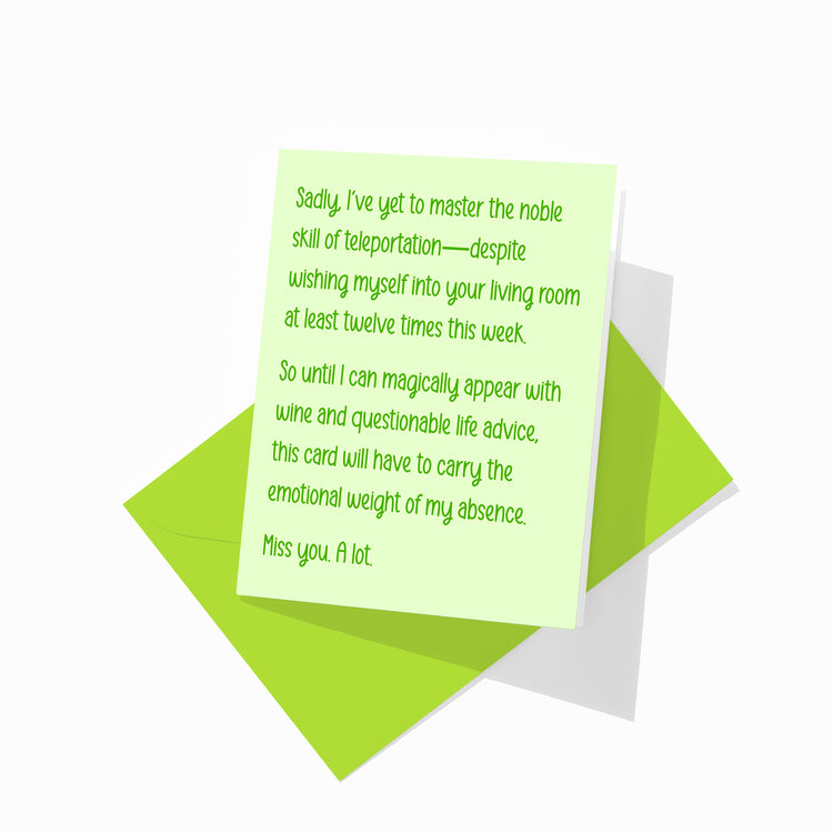 Funny friendship greeting card with colorful envelope, long-distance friend design.