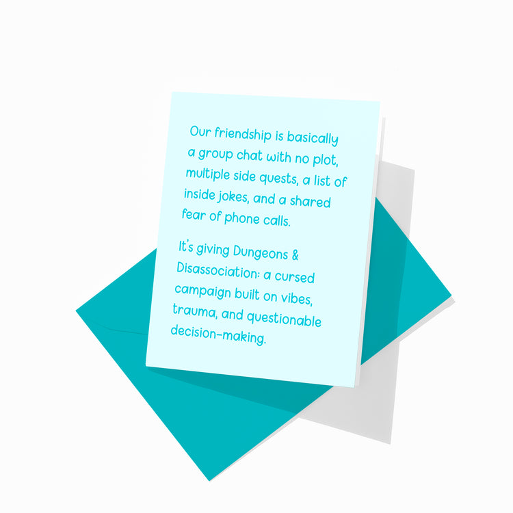 Funny friendship greeting card with colorful envelope, dungeons and dragons design.