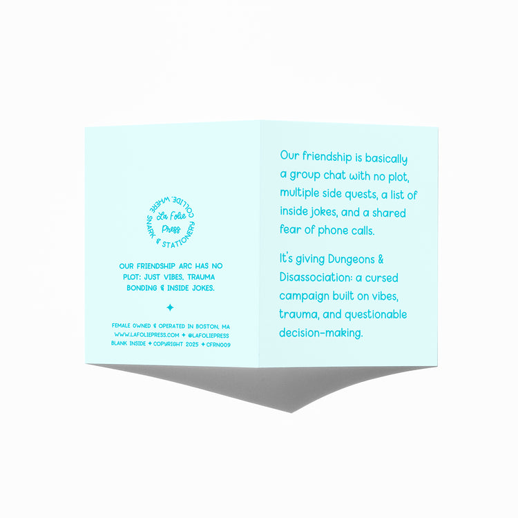 Funny friendship card showing front and back with extra punchline.