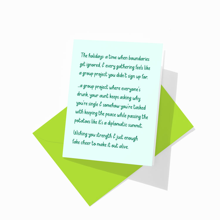 Funny Christmas greeting card with colorful envelope, family chaos design.