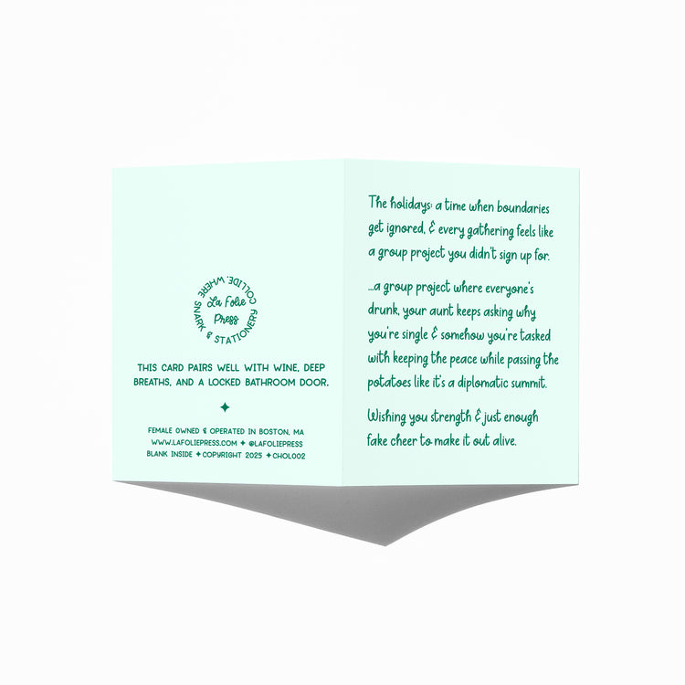 Funny holiday card showing front and back with extra punchline.