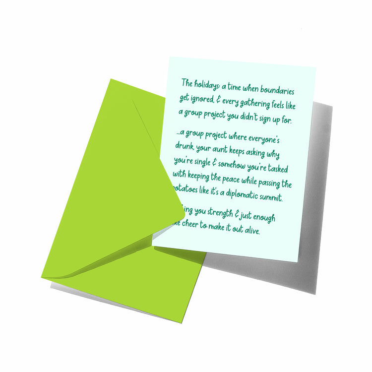 Greeting card with text and a green envelope on a white background