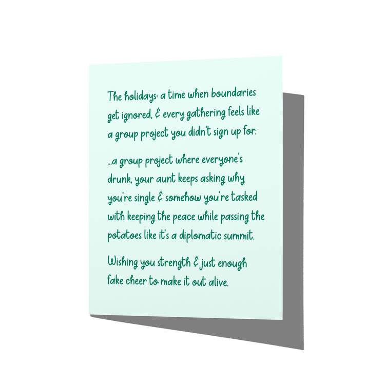 Funny holiday card with witty dysfunctional family humor message on front, blank inside.