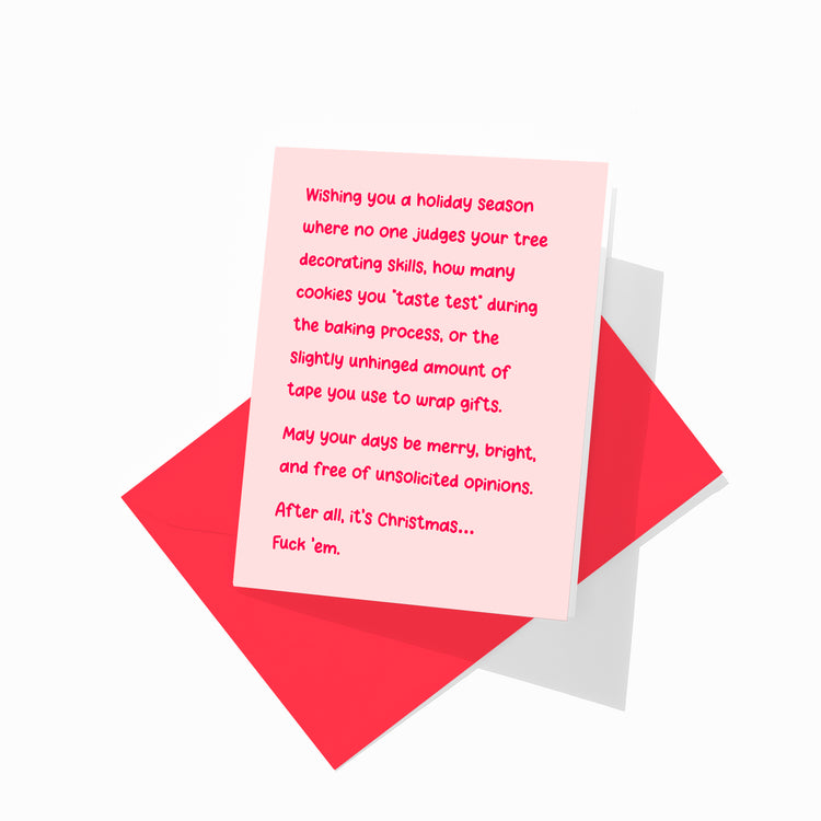 Funny holiday greeting card with colorful envelope, merry & bright design.