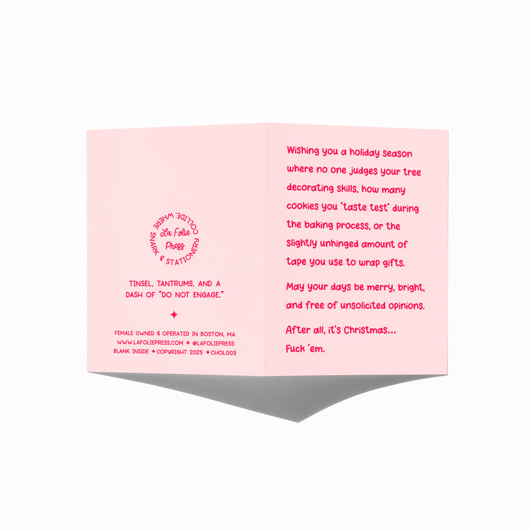 Funny Christmas card showing front and back with extra punchline.