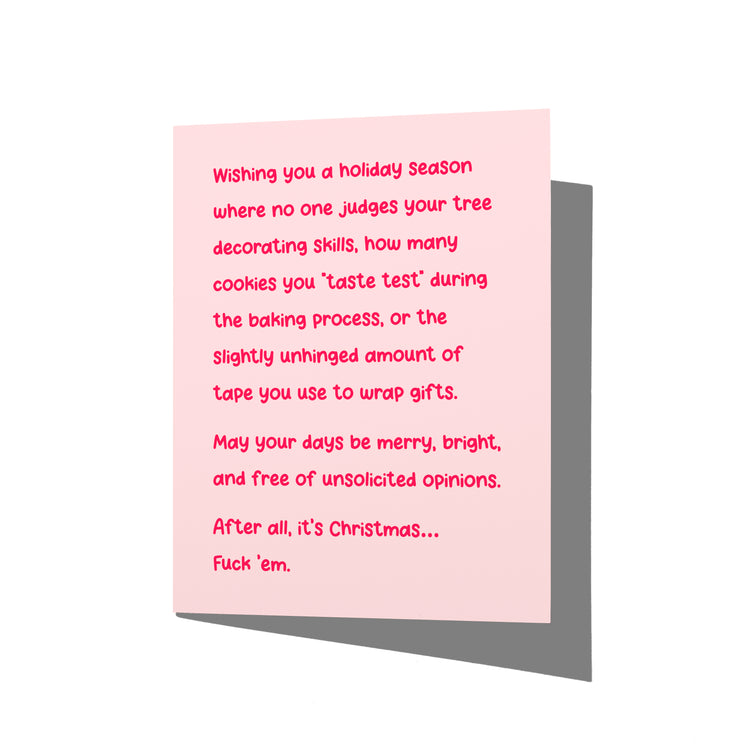 Funny Christmas card with witty holiday humor message on front, blank inside.
