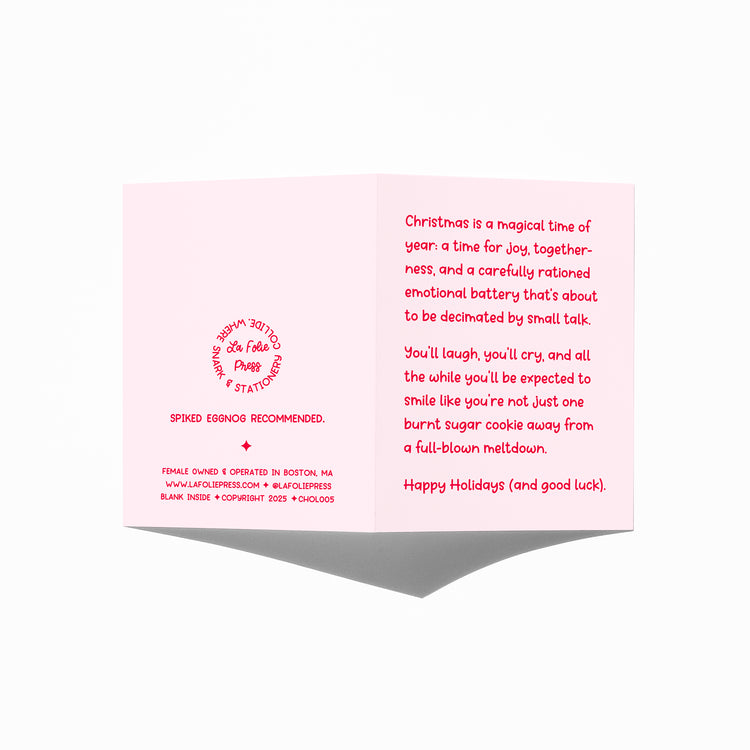 Funny holiday card showing front and back with extra punchline.