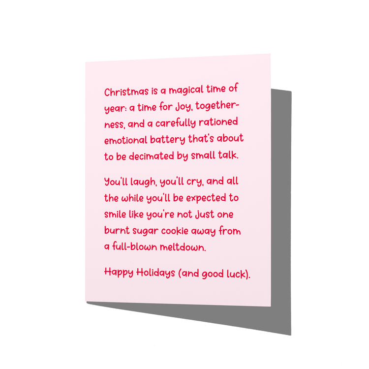 Funny holiday card with witty Christmas humor message on front, blank inside.