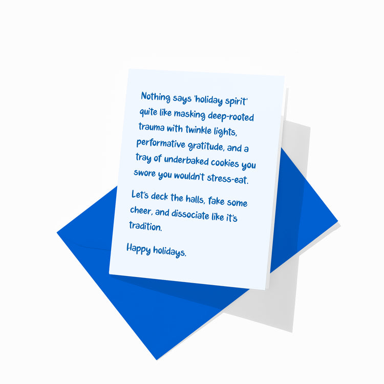 Funny Christmas greeting card with colorful envelope, sarcastic holiday design.