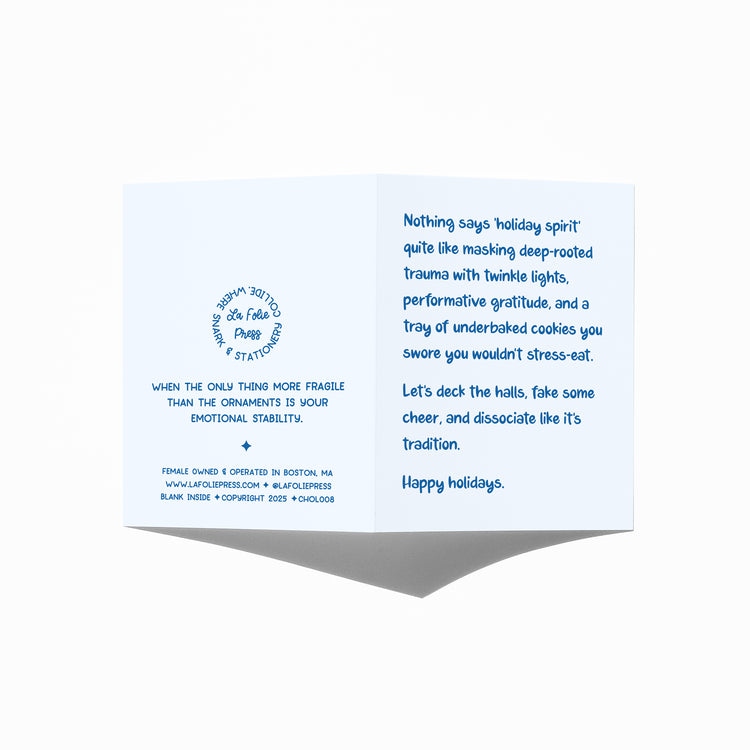 Funny holiday card showing front and back with extra punchline.