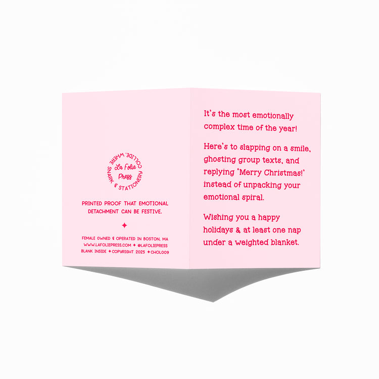 Funny holiday card showing front and back with extra punchline.