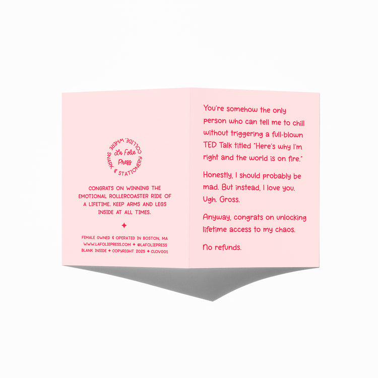 Funny love card showing front and back with extra punchline.