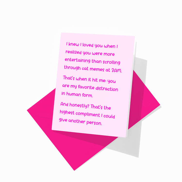 Funny love greeting card with colorful envelope, romantic snark design.