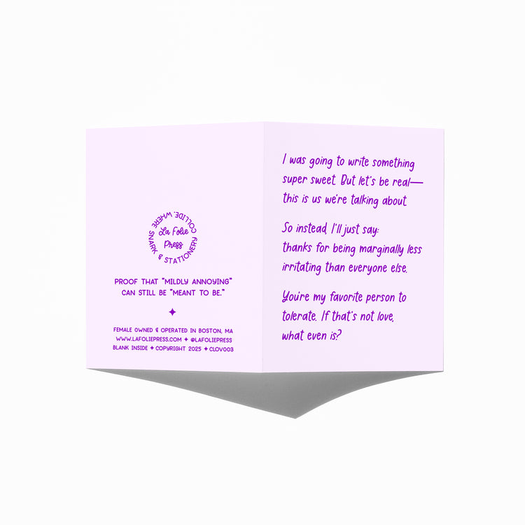 Funny love card showing front and back with extra punchline.