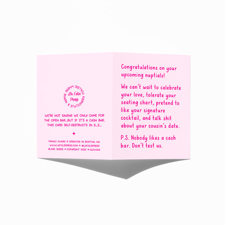 Funny wedding card showing front and back with extra punchline.