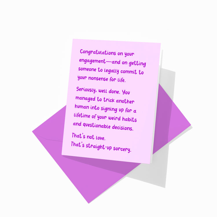 Funny engagement greeting card with colorful envelope, romantic snark design.