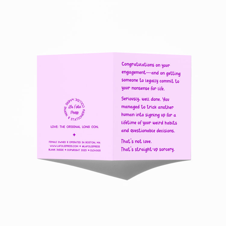 Funny engagement card showing front and back with extra punchline.