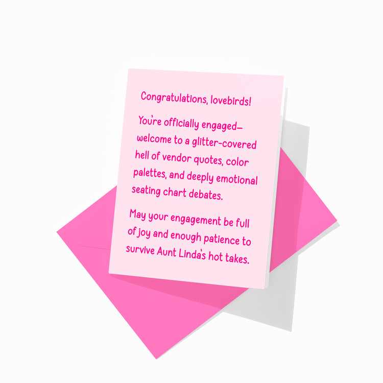 Funny engagement greeting card with colorful envelope, snarky congrats design.