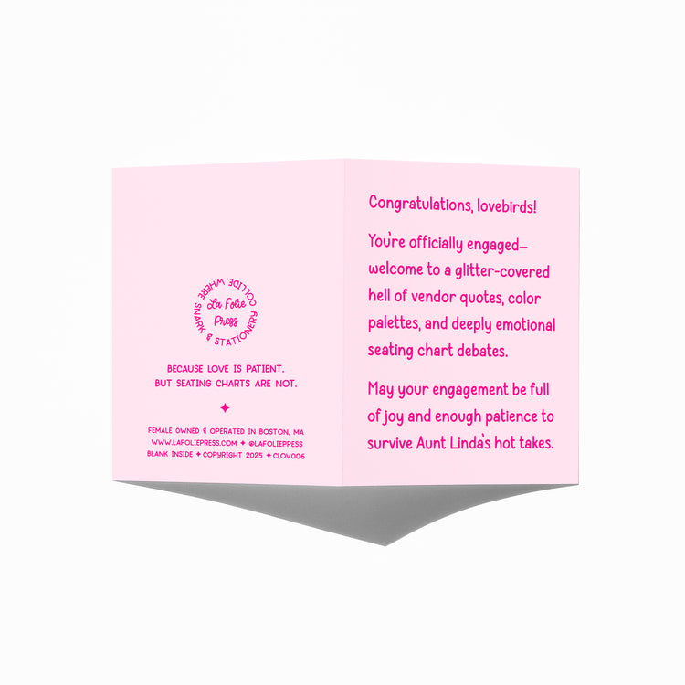 Funny engagement card showing front and back with extra punchline.
