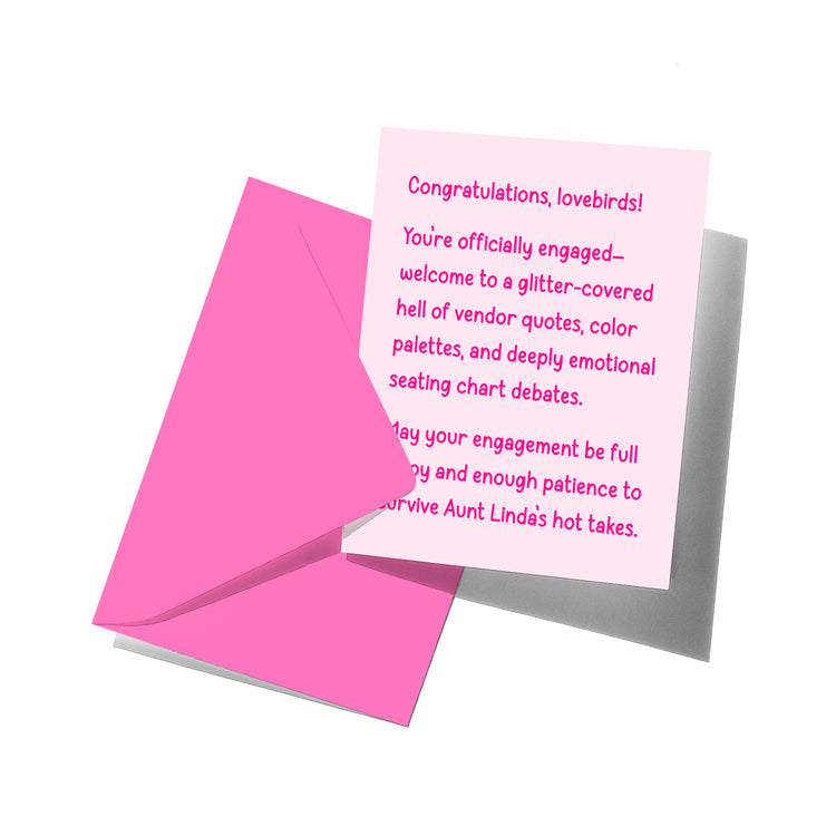 Pink card with humorous engagement message on a white background
