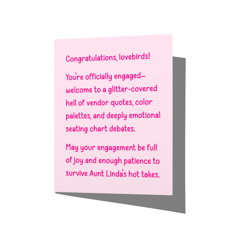 Funny engagement card with witty wedding planning humor message on front, blank inside.