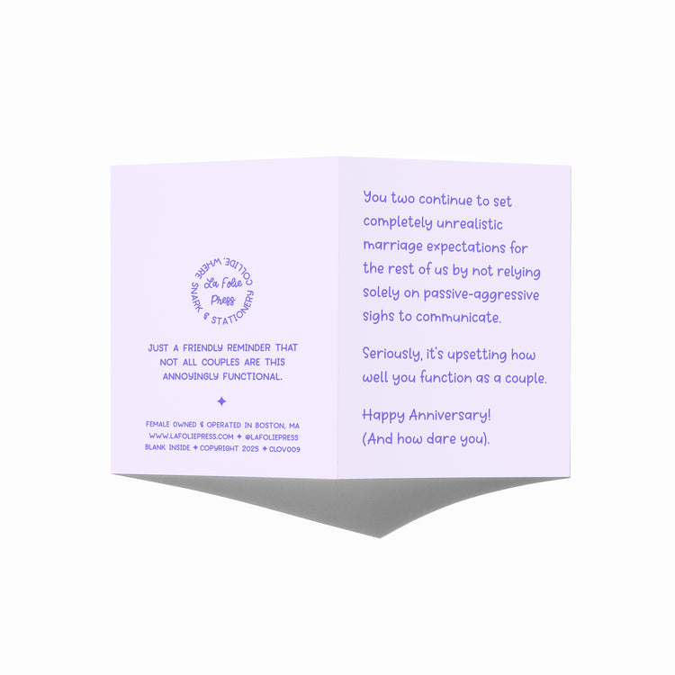 Funny anniversary card showing front and back with extra punchline.