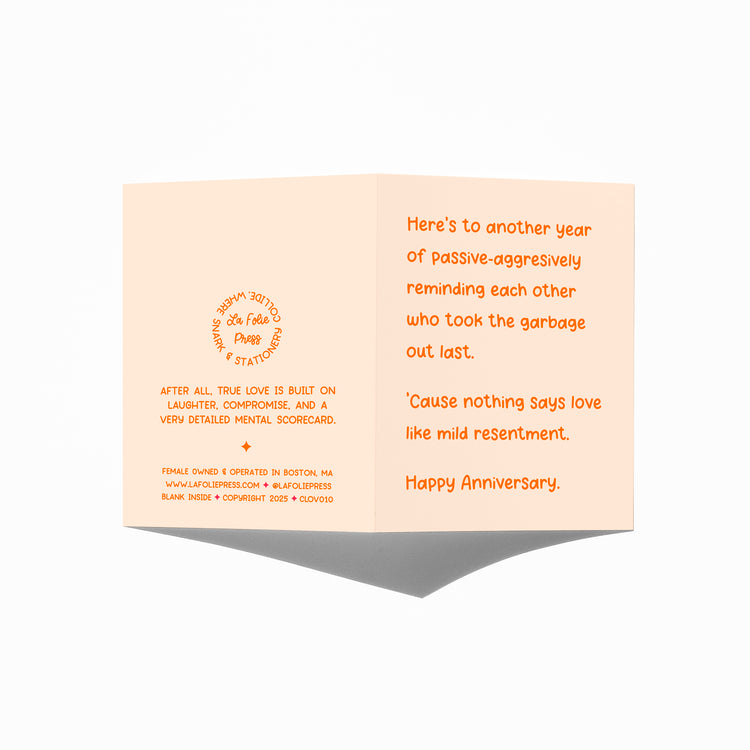 Funny anniversary card showing front and back with extra punchline.