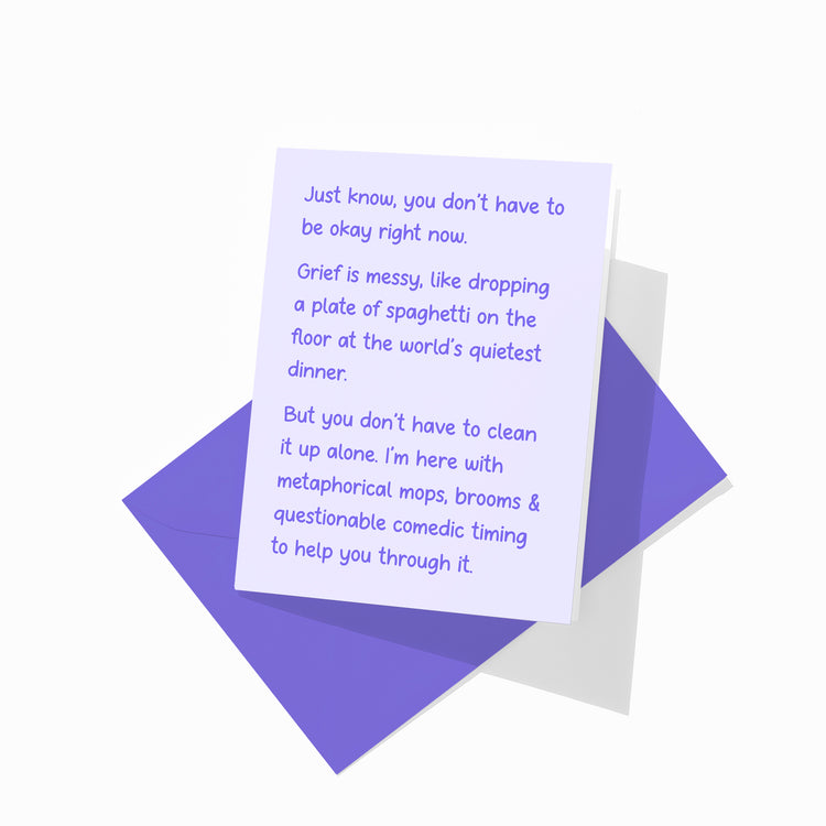 sympathy greeting card with colorful envelope, spaghetti grief design.