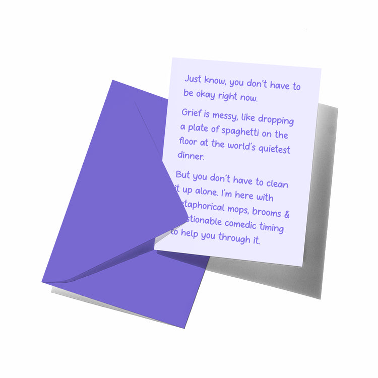 Greeting card with purple text on a white background