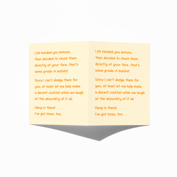 witty sympathy card showing front and back with extra punchline.