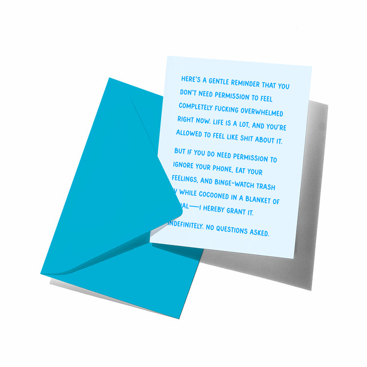 Greeting card with blue text on a white background