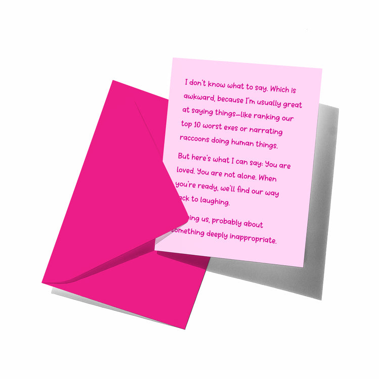 Pink card with text and a pink envelope on a white background