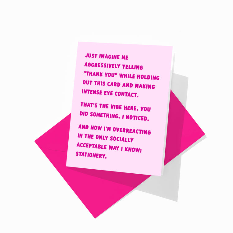 Funny thank you greeting card with colorful envelope, aggressively grateful design.
