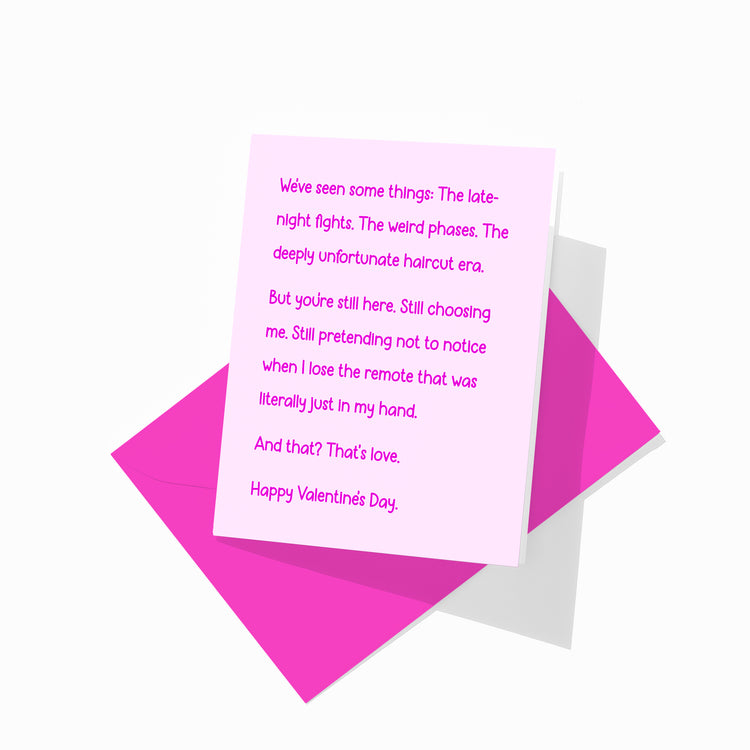 Funny Valentine’s greeting card with colorful envelope, weird phases design.