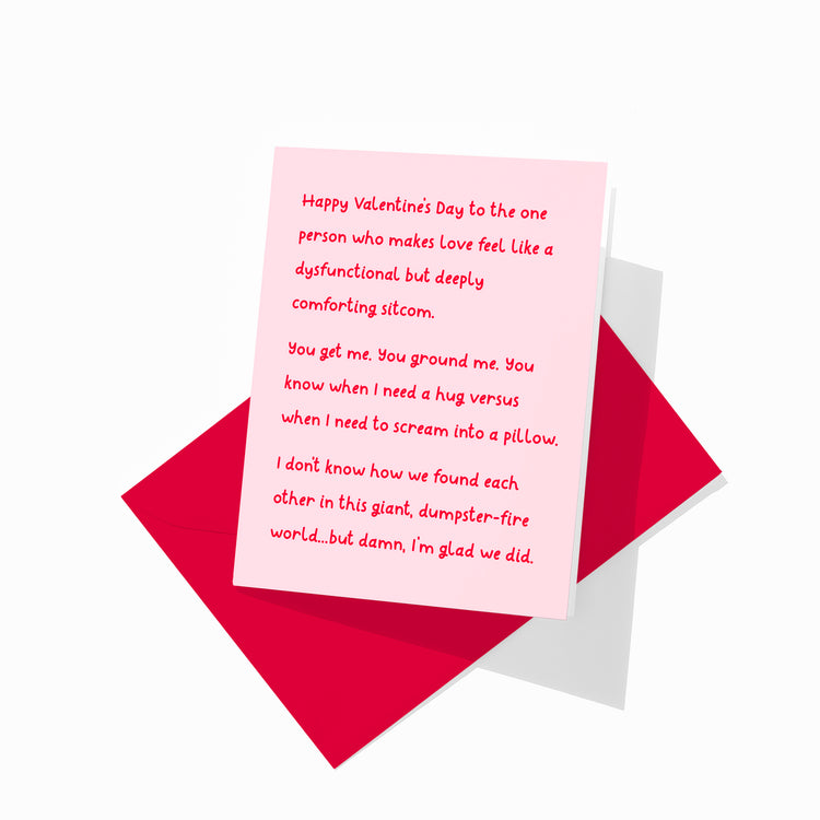 Funny Valentine’s greeting card with colorful envelope, sitcom love design.