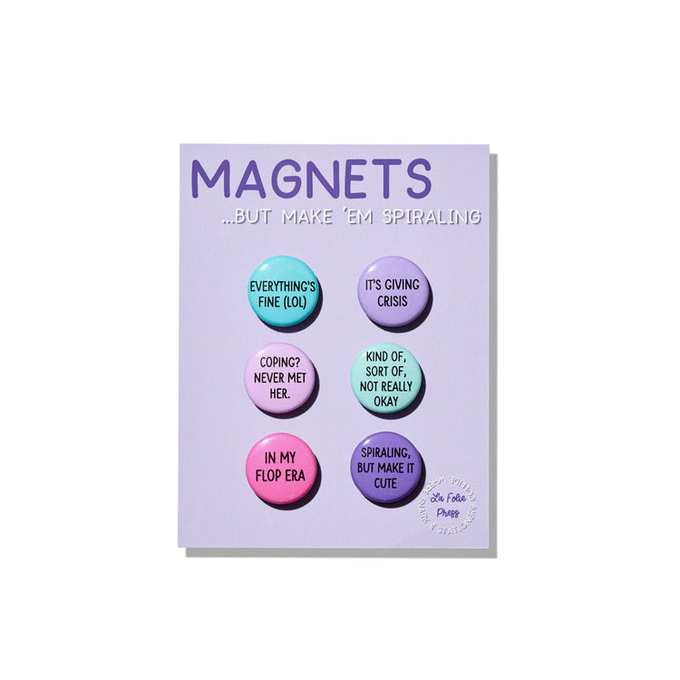 Spiraling Magnet Set with six colorful one-inch magnets on backing card