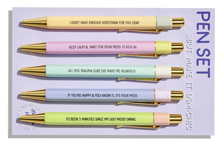 DSM-Chic pen set with five pastel pens featuring funny mental health quotes on a backing card.