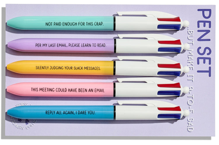 Funny office pen set with five multi pens (four ink colors each) and sarcastic quotes about work life.