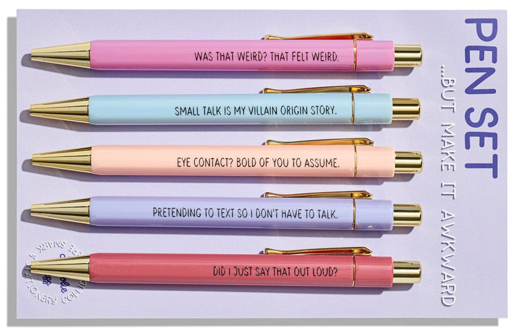 Awkward Pen Set with 5 pastel ballpoint pens and gold accents featuring funny introvert quotes