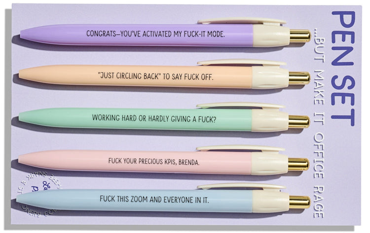 Office Rage pen set — 5 pastel pens with black ink and workplace humor