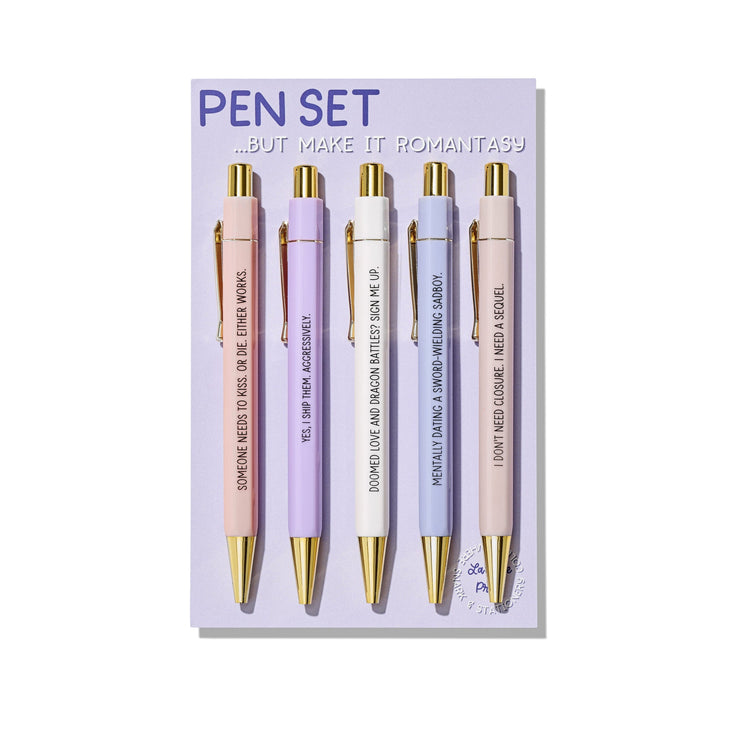Romantasy pen set of 5 ballpoint pens with funny bookish quotes, displayed on a purple backing card with gold accents.