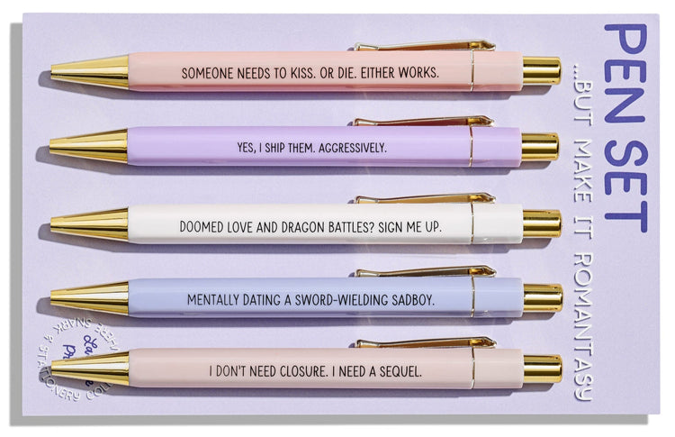 Romantasy-themed pen set with five pastel pens featuring humorous fantasy romance quotes, perfect gift for readers and book lovers.