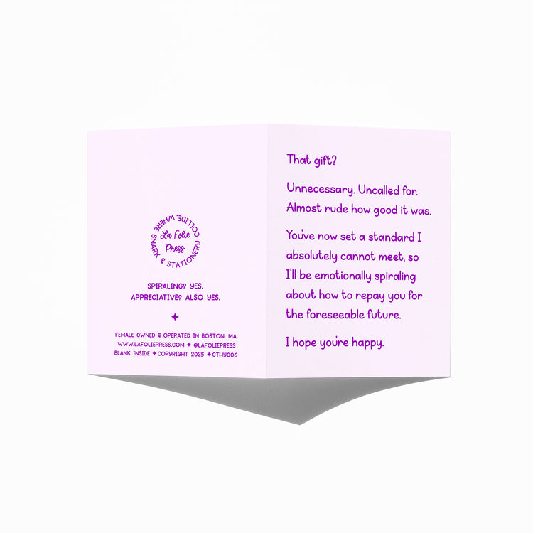 Open thank you card showing front message and back punchline: “Spiraling? Yes. Appreciative? Also yes.”