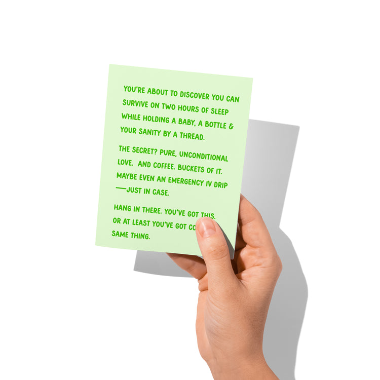 Funny new parent card showing front and back with extra punchline.